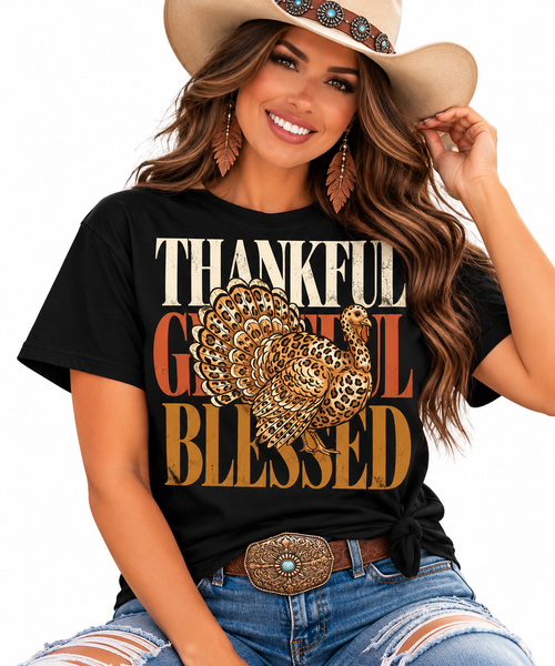 Thankful Grateful Blessed Leopard Turkey Graphic Tee