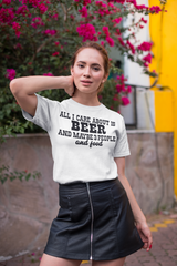 "ALL I CARE ABOUT IS BEER AND MAYBE 3 PEOPLE AND FOOD" FUNNY BEER TEE IN HEATHER GREY